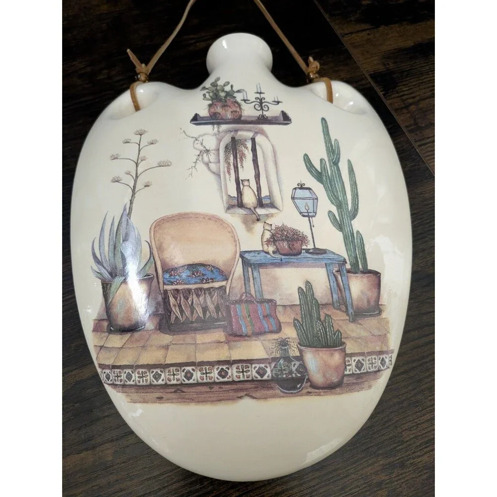 Vintage Southwest Art Vase Planter Canteen Wall Pocket Cactus Cat Window Signed